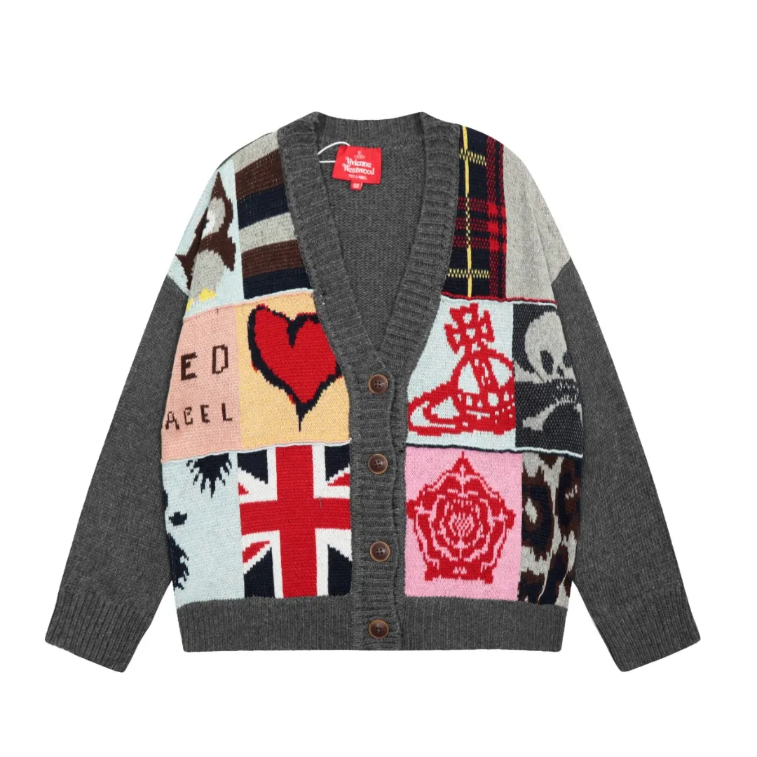 Vivi132 vivienne west wood 24th autumn and winter red label show heavy industry splicing pattern cardigan full of design sense Queen Mother of the West Vivienne heavy industry show limited cardigan knitted sweater wool 2024 autumn latest style Size: S -M- L Color: uniform color